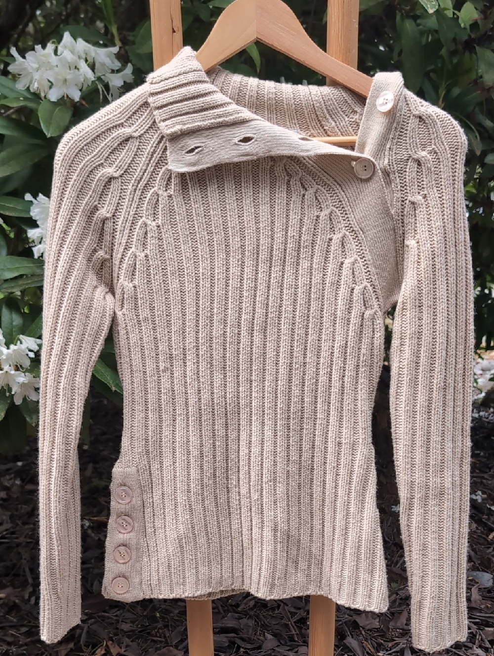 Vintage By Smudge Asymmetrical Neck Line Beige Ribbed Button-Accent Knit Sweater